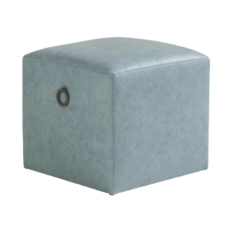 Ocean Breeze Square Blue Genuine Leather Ottoman with Casters