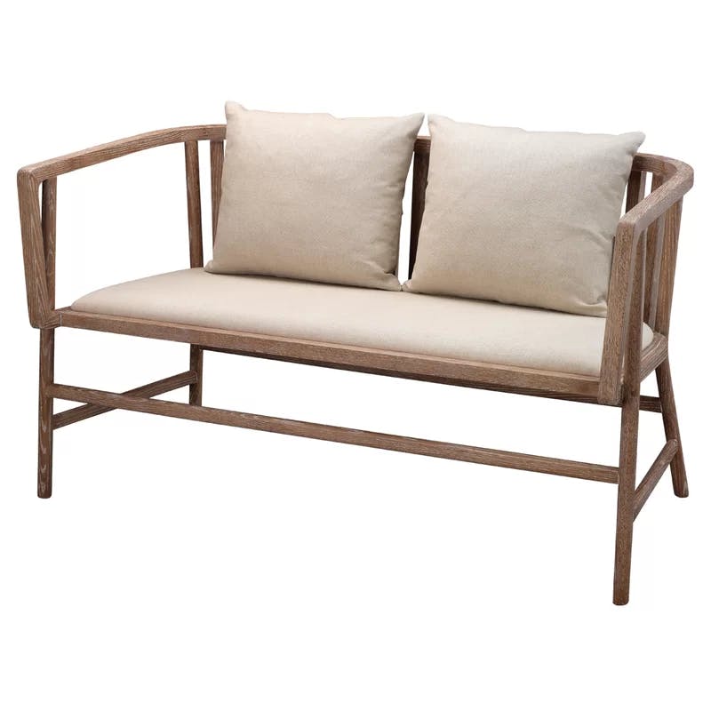 Off-White Linen & Grey-Washed Wood Farmhouse Settee