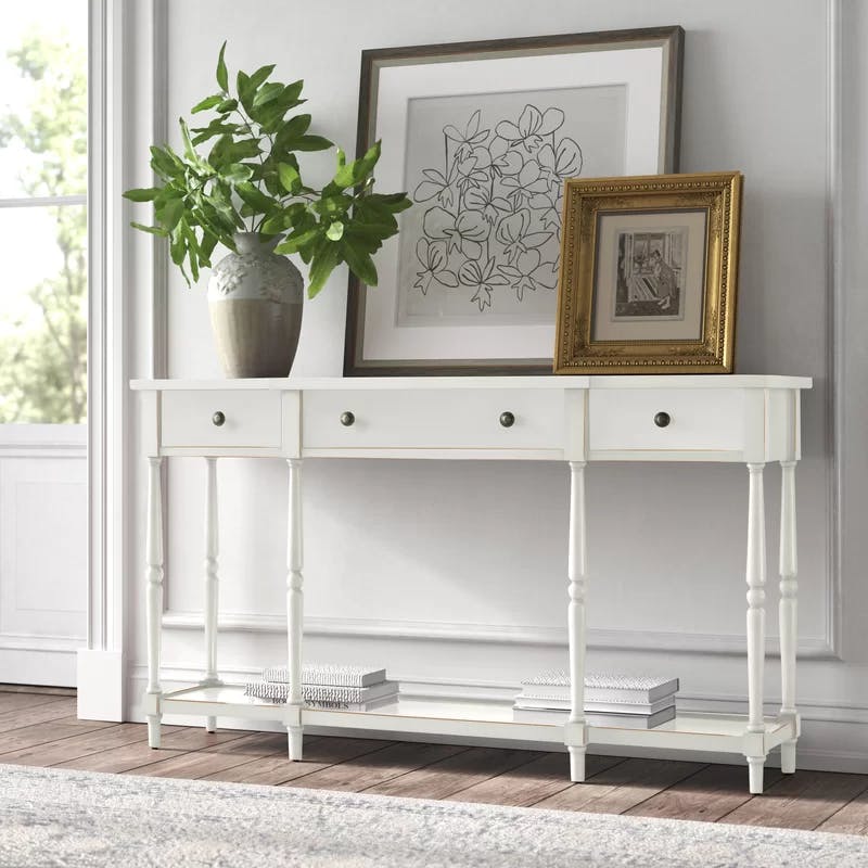 Transitional White Wood Rectangular Console Table with Storage