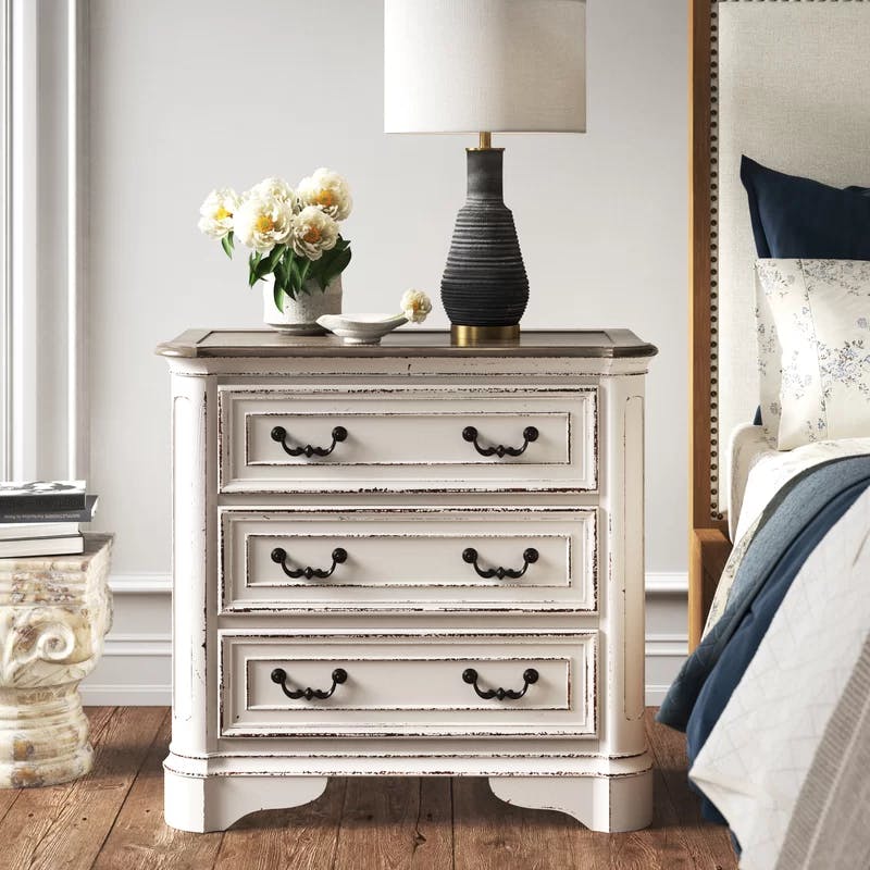 Magnolia Manor Antique White 3-Drawer Bedside Chest with Charging Station