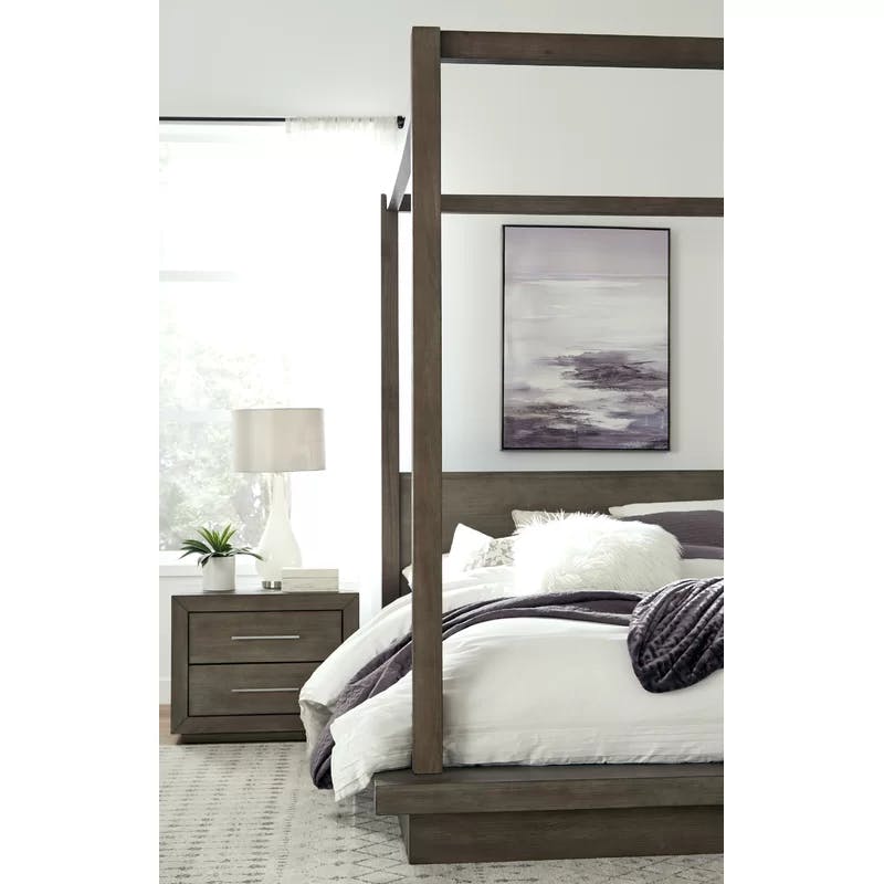 Modern Dolphin Gray Upholstered Full Canopy Bed with Storage