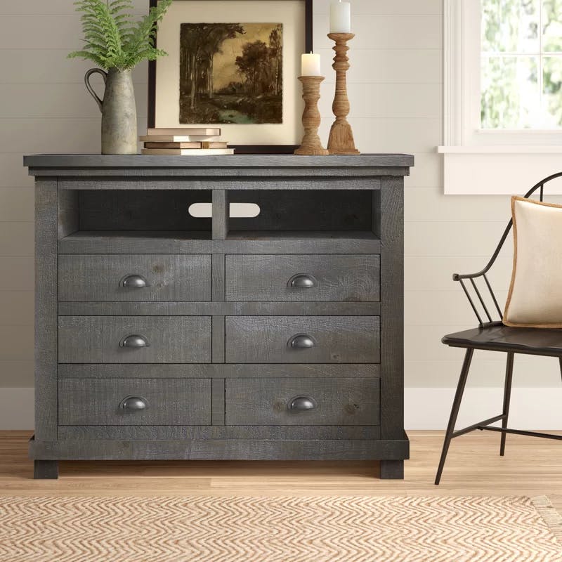Transitional Distressed Dark Gray Pine Media Chest with Cabinet