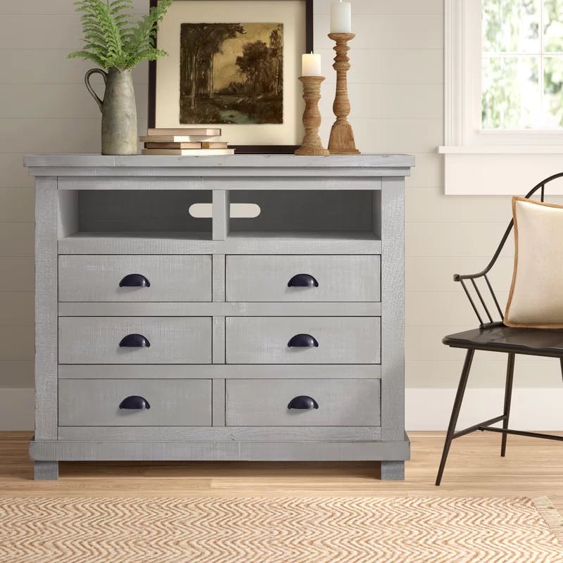 Transitional Gray 6-Drawer Media Chest in Solid Pine