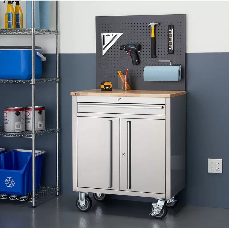 Compact 31'' Stainless Steel Workbench with Wheels & Pegboard