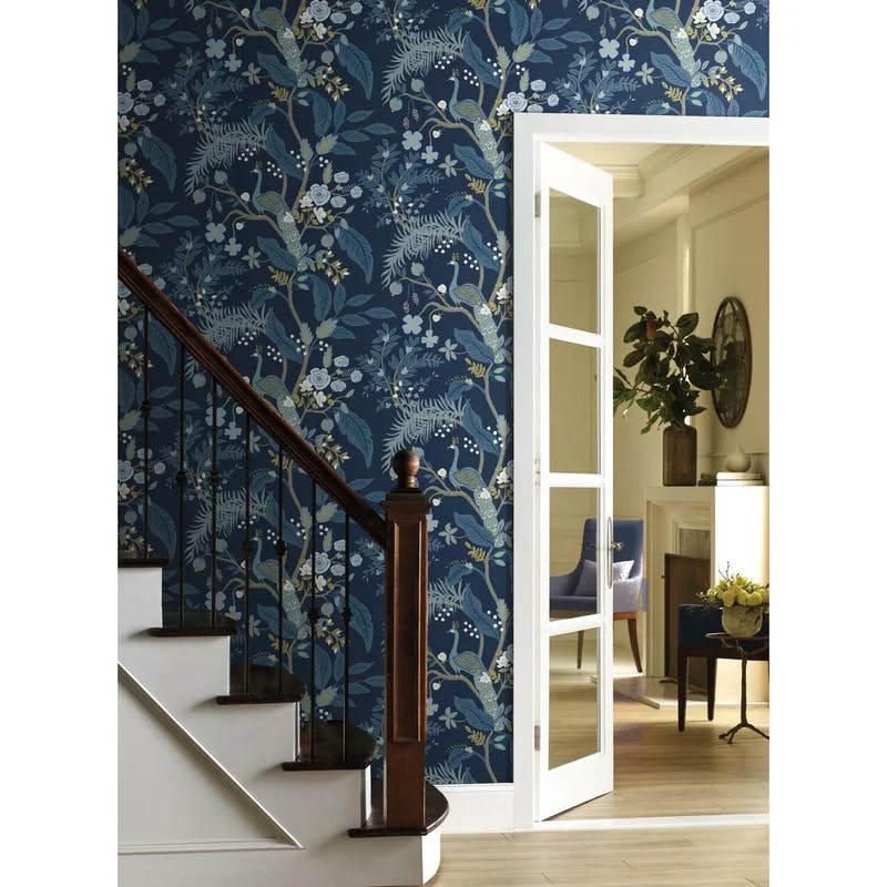 Magnificent Peacock Chinoiserie 27' x 27" Blue Wallpaper Roll