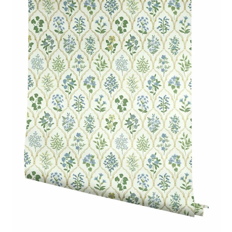 Hawthorne Vintage Floral Grid Blue/Green Wallpaper, 27' x 27"