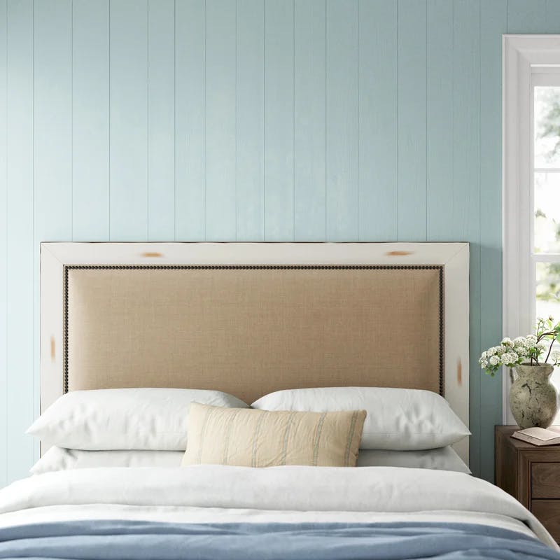 Rustic Pine Queen Bed with Linen Upholstered Headboard and Storage