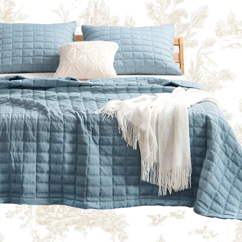 Country Rustic Organic Blue King Quilt Set with Reversible Microfiber
