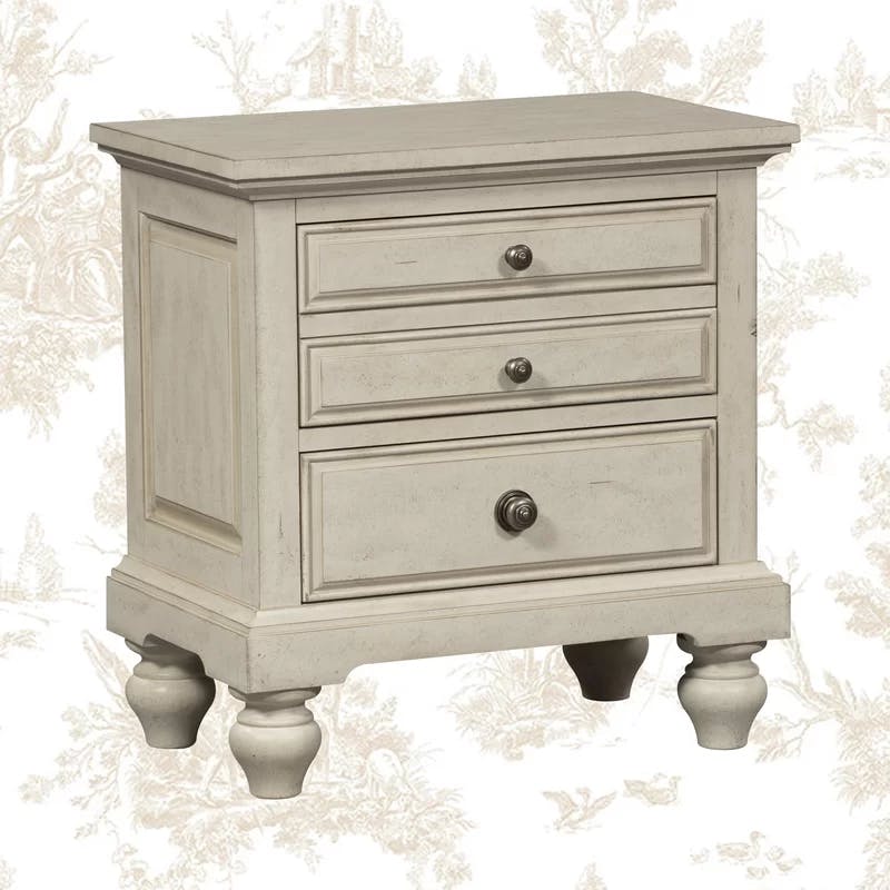 Transitional White Pine 3-Drawer Nightstand with Turned Bun Feet
