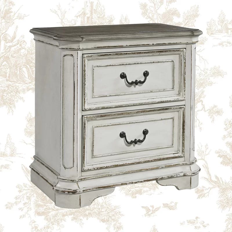 Elegant Whitewashed 2-Drawer Nightstand in Antique White with Bead Molding