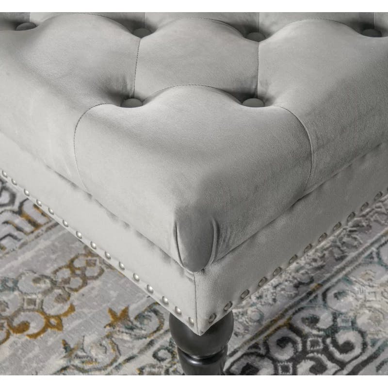 Isabelle 35" Gray Velvet Tufted Cocktail Ottoman with Nailhead Trim