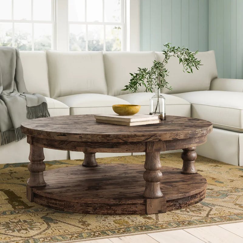 Pastoral Charm Round Oak Coffee Table with Button-Tufted Beige Linen Top