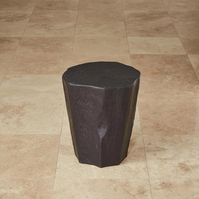 Black Matte Glazed Ceramic Trunk Stool with Faux-Bois Texture