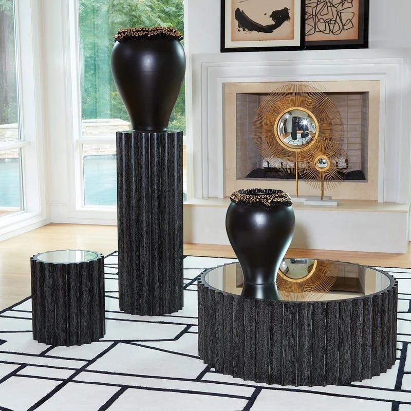 44" Round Black Cerused Oak and Mirrored Pedestal Table