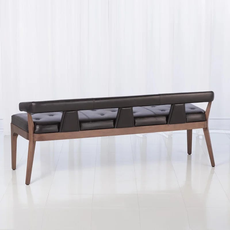 Sleek Moderno Black Marble Leather Bench with Natural Walnut Frame