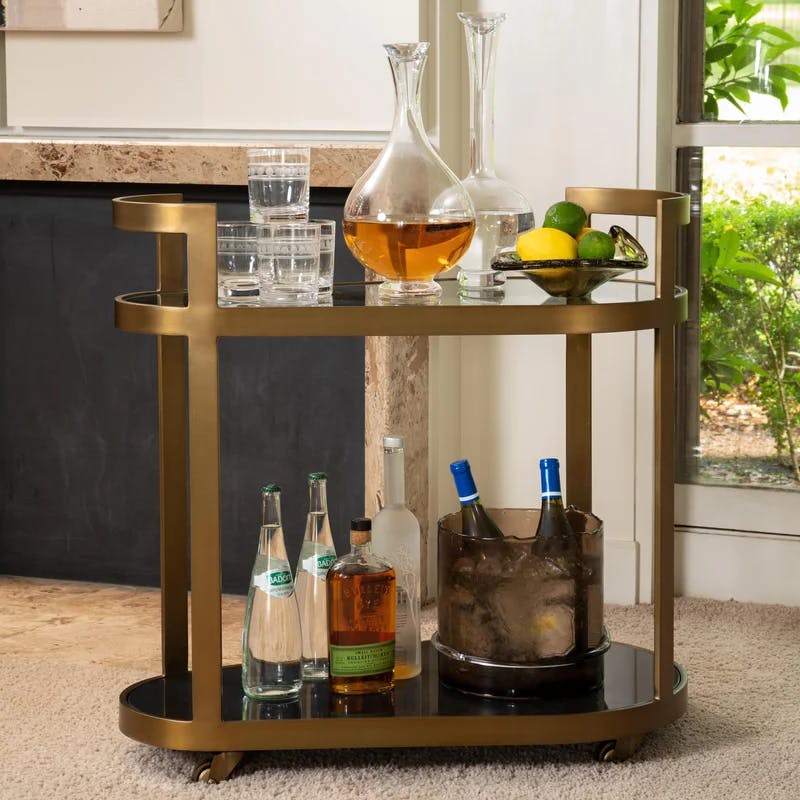 Regan Oval Antique Brass Bar Cart with Wine Rack and Storage