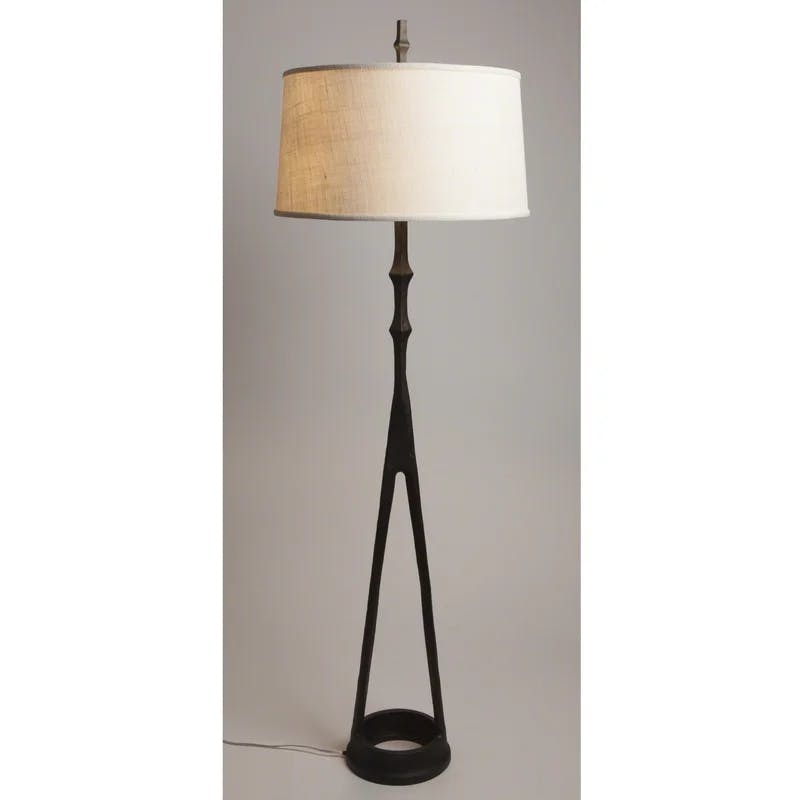 Adjustable Antique Bronze Compass 2-Light Floor Lamp with Burlap Shade