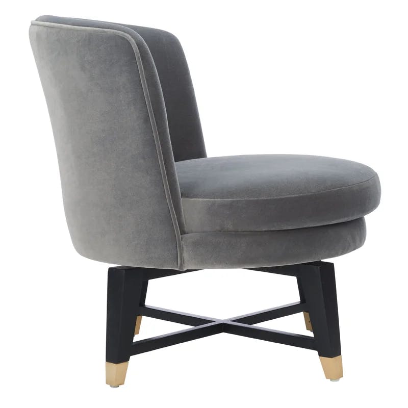 Charcoal Velvet Swivel Slipper Chair with Brass Accents