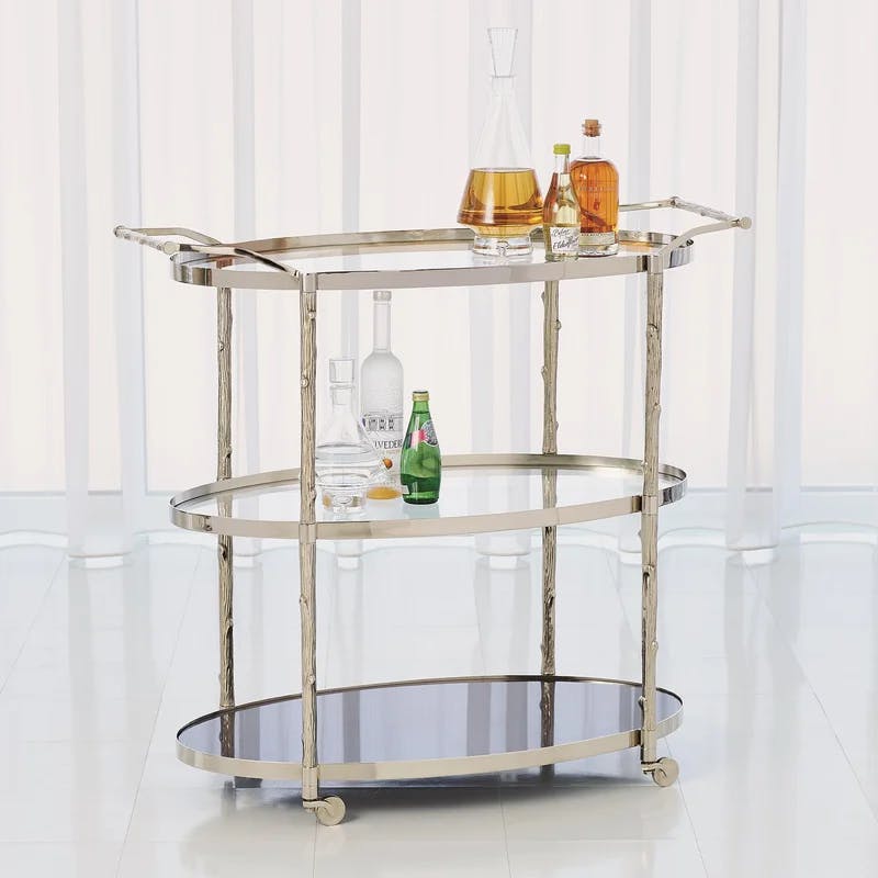 Arbor Sophisticated Nickel Finish Bar Cart with Marble and Glass Shelves