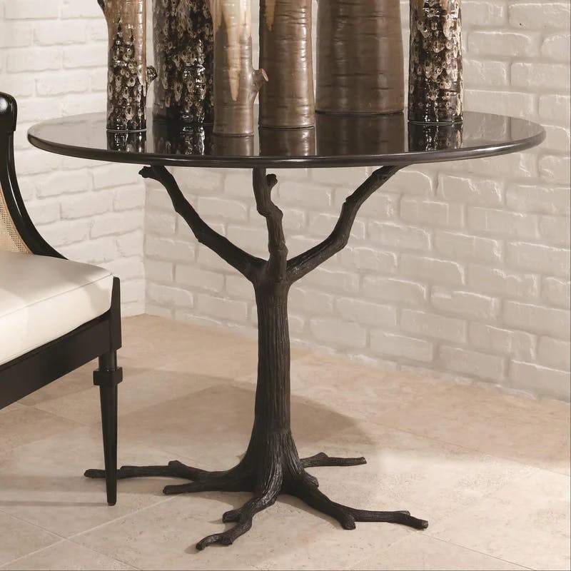 Contemporary Faux Bois 41" Round Black Marble Dining Table
