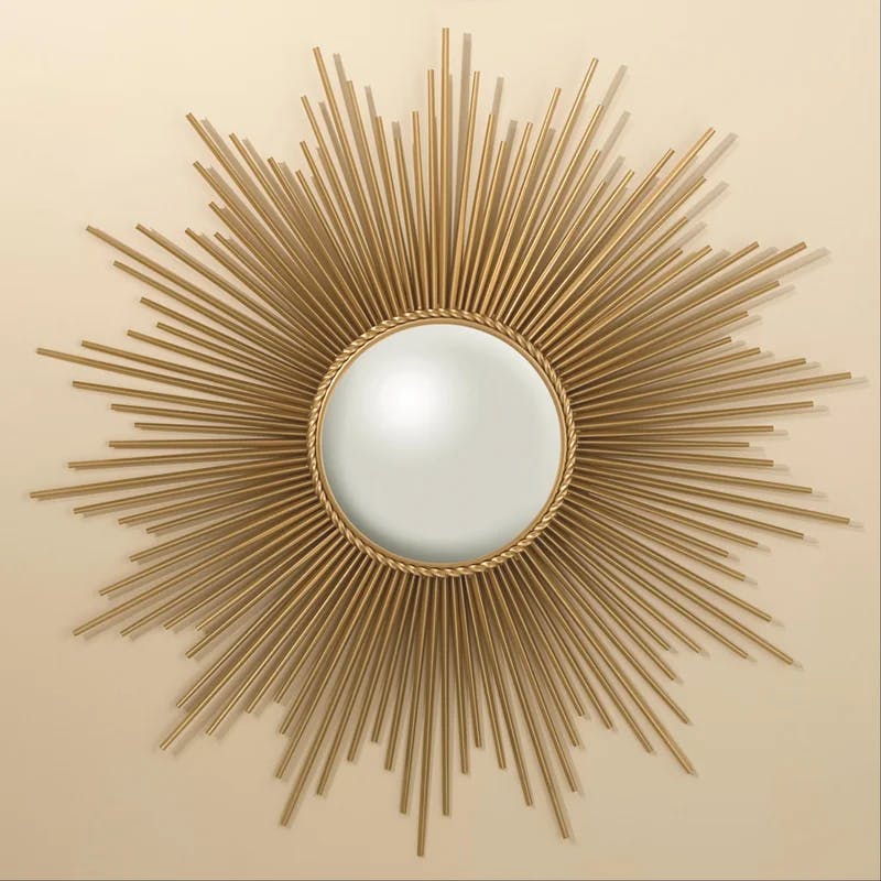 Antique Brass Sunburst Round Wood Mirror with Security Hardware