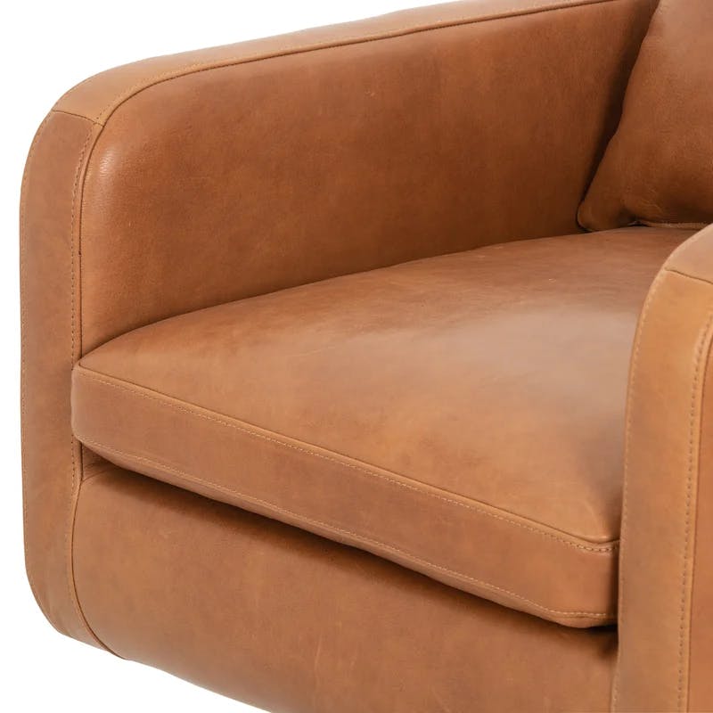 Haven Tobacco Top-Grain Leather Swivel Armchair with Solid Wood Legs