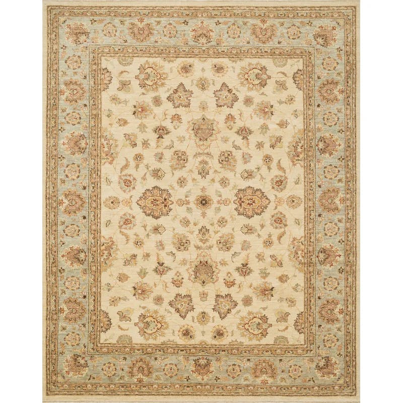 Majestic Ivory & Blue Hand-Knotted Wool Rectangular Rug - 5'6" x 8'6"