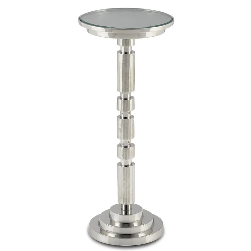 Elegant Round Glass Pedestal Side Table in Shiny Nickel Finish