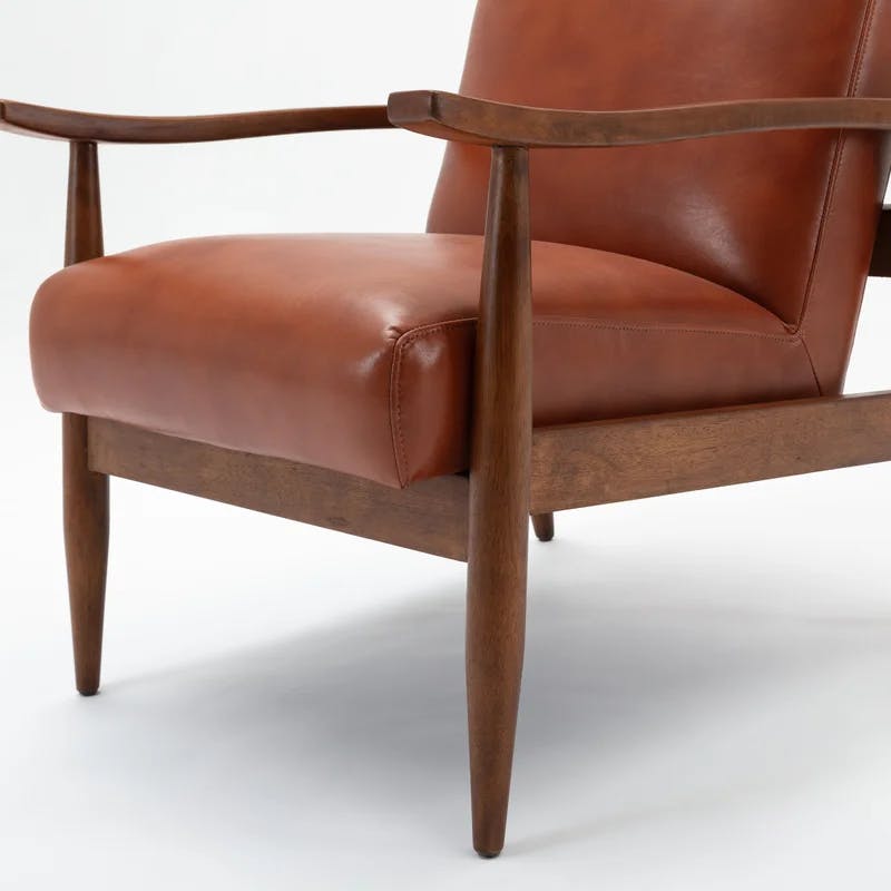 Mid-Century Modern Caramel Leather Gel Accent Chair with Wooden Arms
