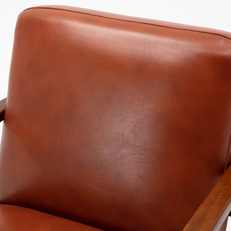 Mid-Century Modern Caramel Leather Gel Accent Chair with Wooden Arms