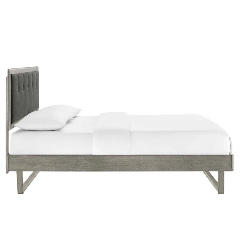 Charcoal Gray Full Platform Bed with Tufted Wood Frame and Slat Support