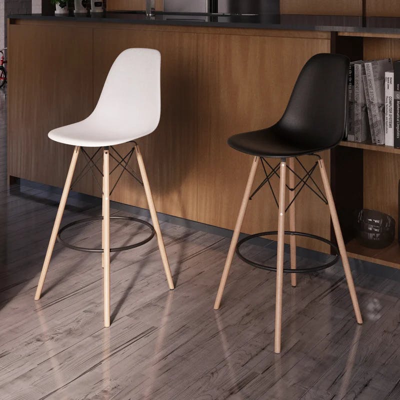 ErgoCurve Modern Black Acrylic Barstool with Wooden Legs, Set of 2