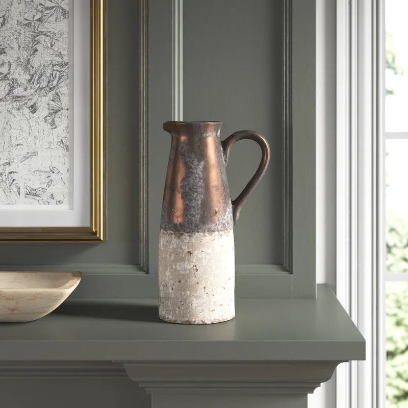 Sienna Brown Terracotta Pitcher with Metallic Accents, 14.4" High