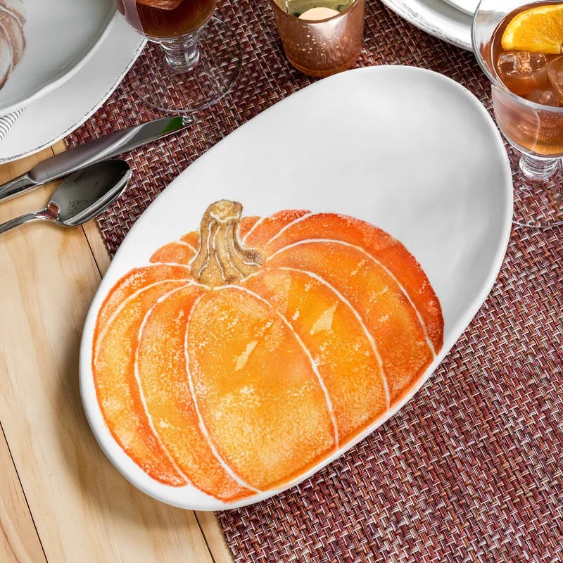 Florentine Harvest Ceramic Oval Platter with Pumpkin Motif