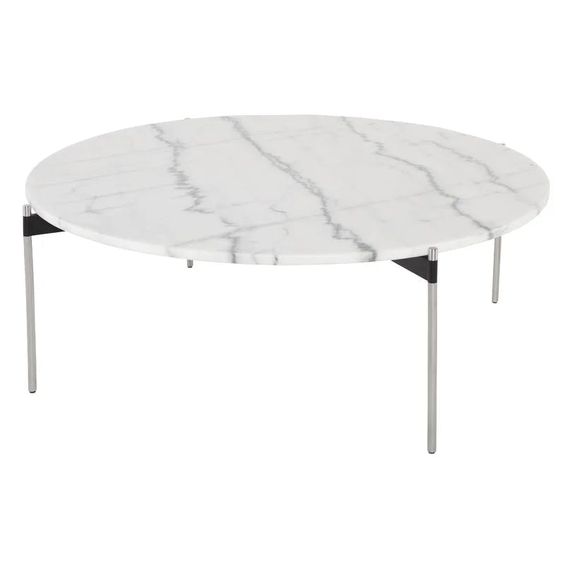 Elegant Transitional Pixie 43" Round Marble Coffee Table in Silver/White