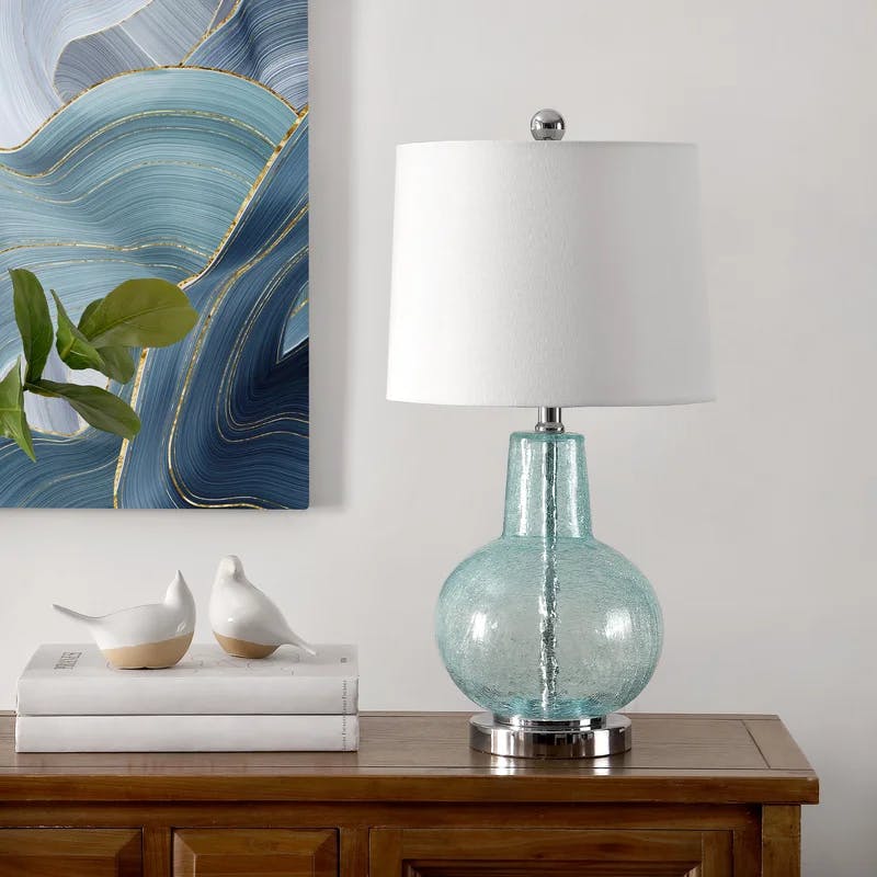 Elegant Atlas 16" Blue Crackle Glass Table Lamp with Light Grey Shade