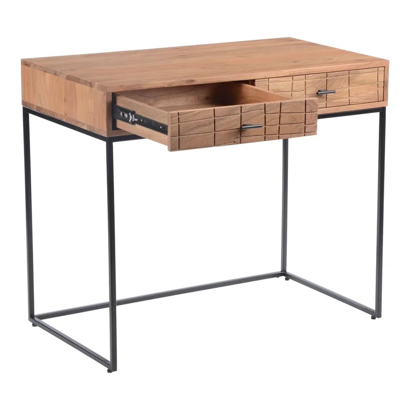 Atelier Natural Acacia Wood Desk with Iron Frame and Dual Drawers