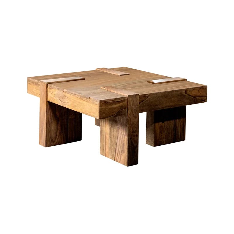 Transitional Sheesham Wood Square Coffee Table with Metal Base