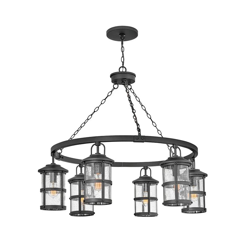 Lakehouse Distressed Black 6-Light LED Outdoor Chandelier with Clear Seedy Glass