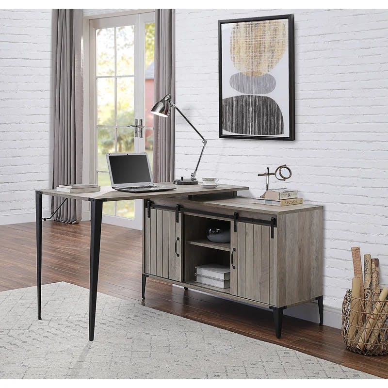 Rustic Oak & Black L-Shaped Writing Desk with USB and Filing Cabinet