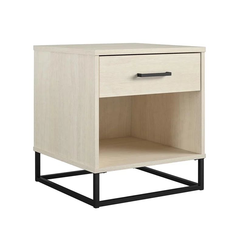 Ivory Oak Rustic Modern Nightstand with Drawer and Open Cubby