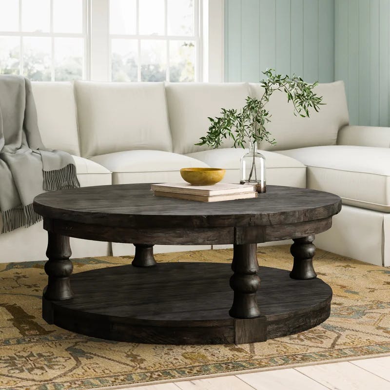 Antique Gray Rustic Round Wood and Fabric Coffee Table