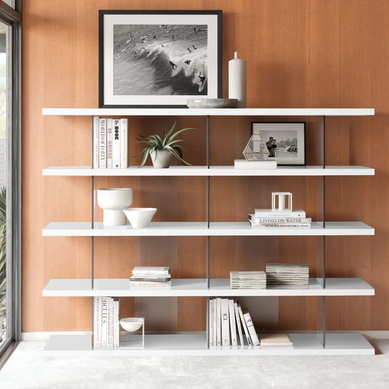 Otford 78'' Glossy White and Wood Multi-Tiered Bookcase