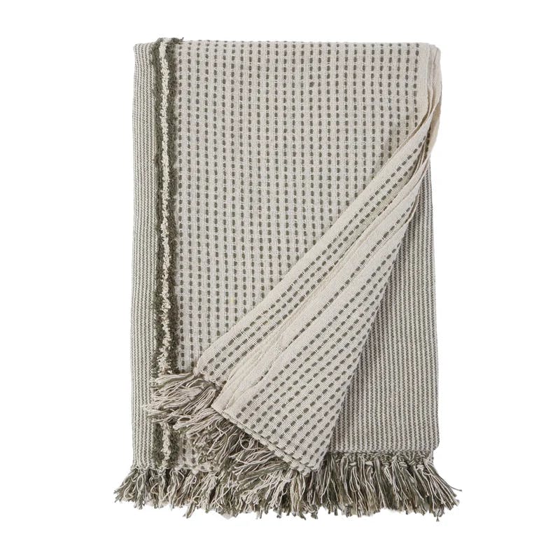 Ivory Moss Striped Cotton Oversized Throw with Tasseled Ends