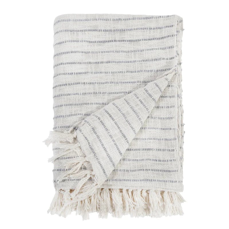 Jojo Ivory and Blue Grey Oversized Cotton Throw with Tassels
