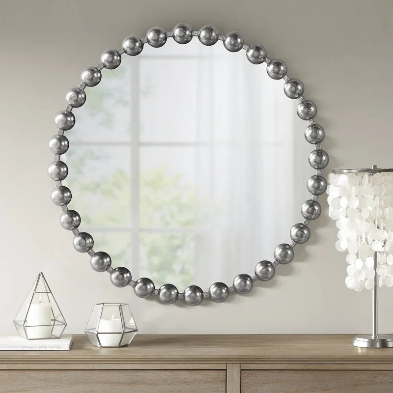 Marlowe Beaded 36" Silver Metallic Round Wall Mirror