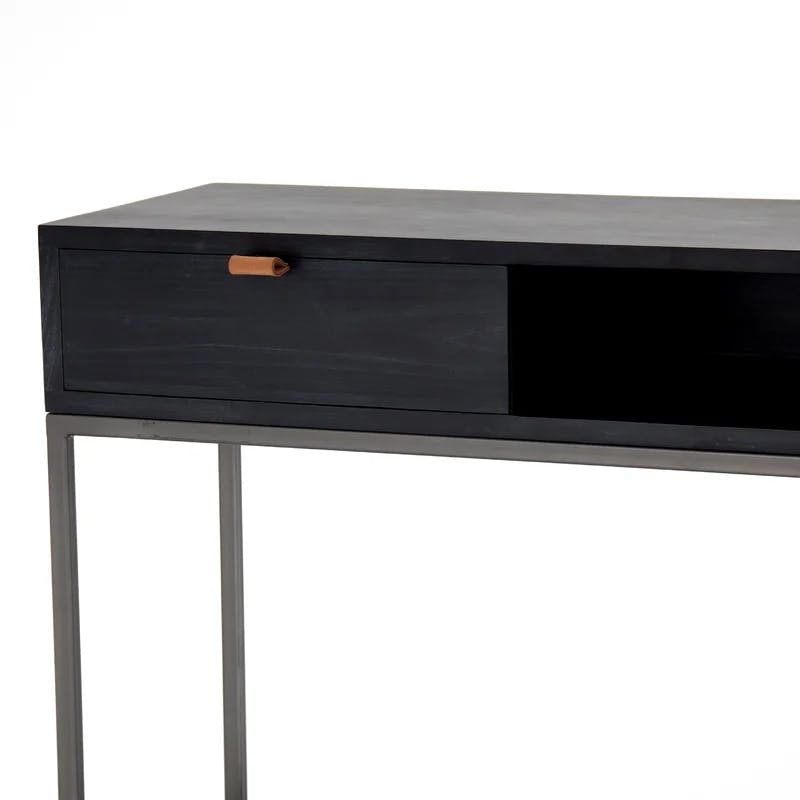 Modern Black Poplar & Iron Console Table with Leather Pulls
