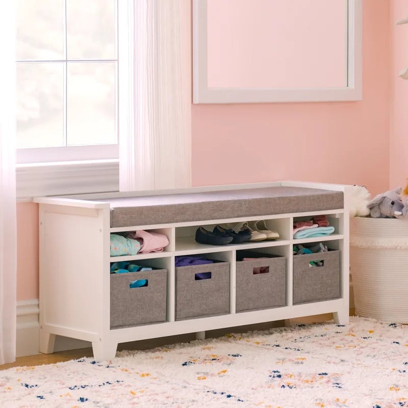 Creamy White Kids' Multi-Use Storage Bench with Cushion & Bins