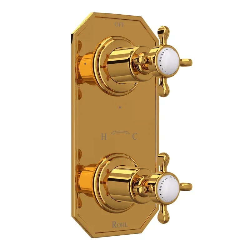 Edwardian 4" Wall-Mounted Cross Handle Thermostatic Trim, Unlacquered Brass
