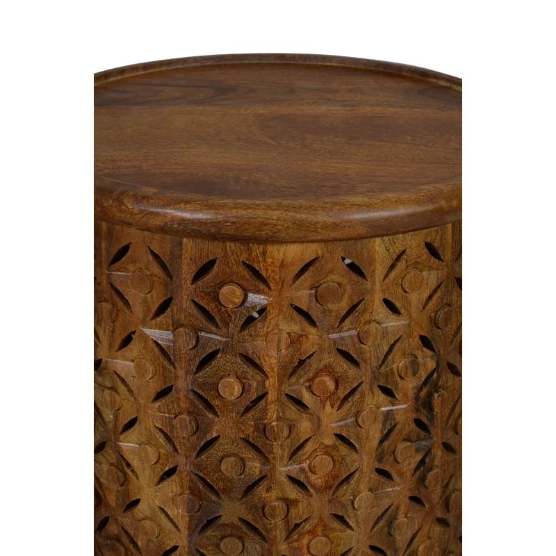 Transitional Hand-Carved Solid Mango Wood Round End Table in Distressed Brown